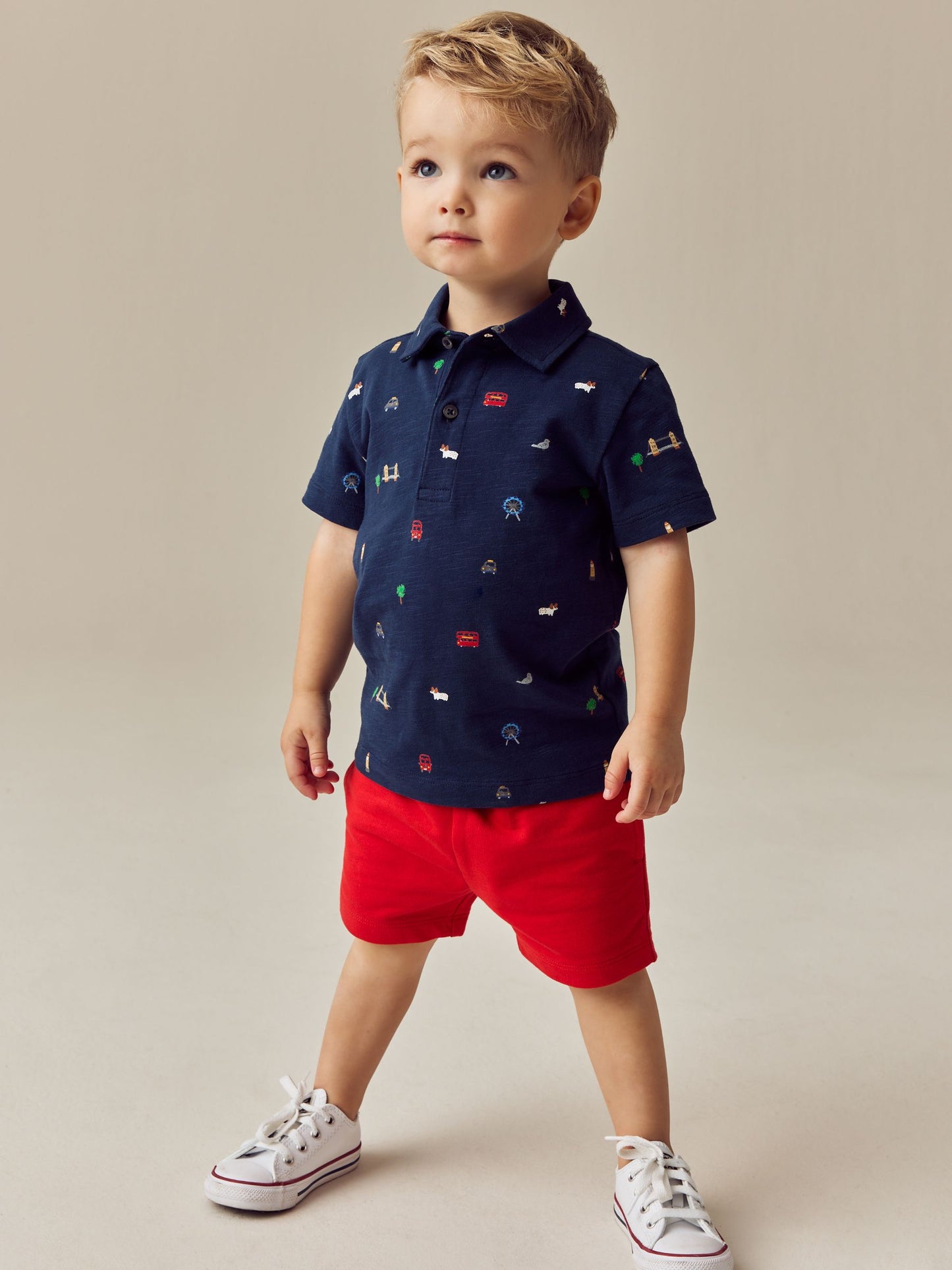 Navy London All Over Print Short Sleeve Polo Shirt And Shorts Set (3mths-7yrs) image 3