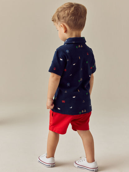 Navy London All Over Print Short Sleeve Polo Shirt And Shorts Set (3mths-7yrs) image 4