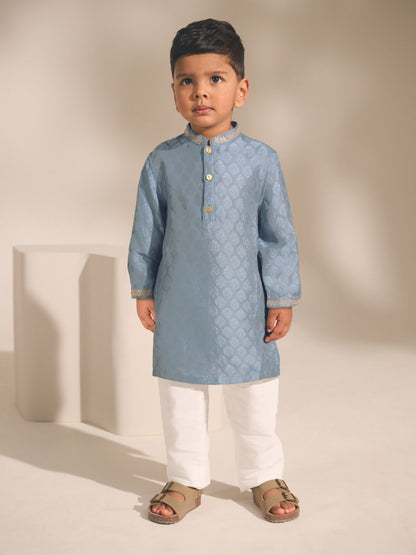 Dsiney Kidz - Blue Leaf Embroidered Kurta Shirt (3mths-16yrs) (3mths-16yrs) image 1