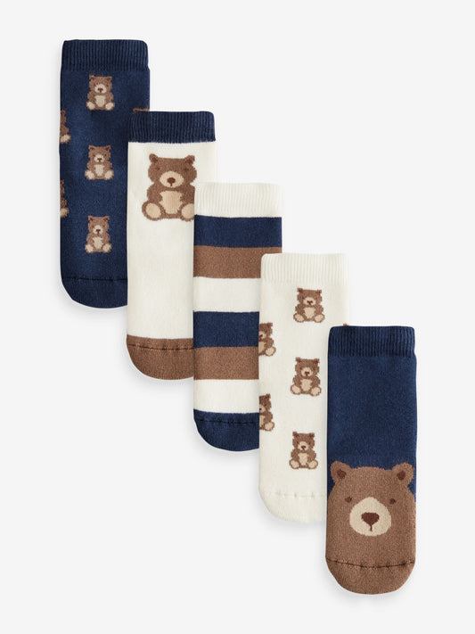 Navy/Ecru Bear Cosy Terry Cotton Rich Socks 5 Pack image 1