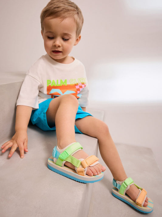 Blue/Green Bright Stripe Standard Fit (F) Touch Fastening Adjustable Strap Tape Trekker Walking Sandals image 2