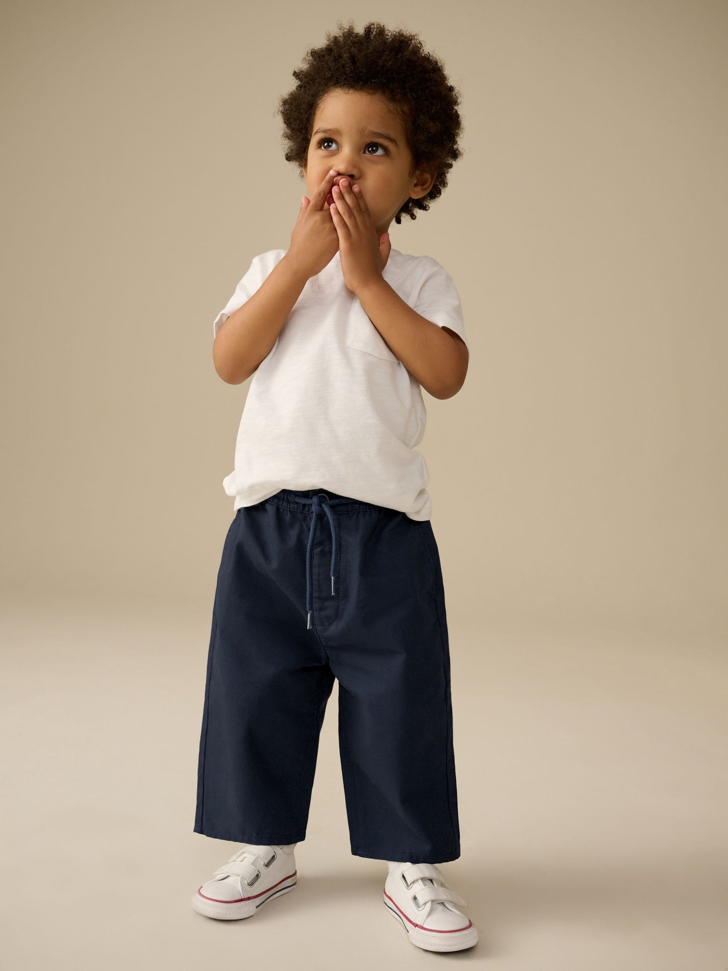 Navy Wide Leg 100% Cotton Chino Trousers with Elasticated Waist (3mths-7yrs) image 2