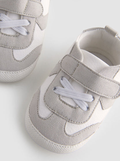 White/Grey Baby Touch Fastening Elastic Lace Chevron Trainers (0-2mths)
