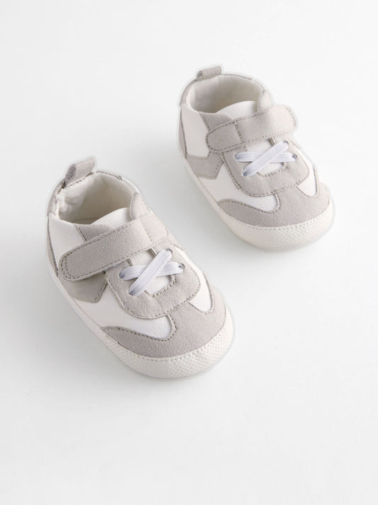 White/Grey Baby Touch Fastening Elastic Lace Chevron Trainers (0-2mths)