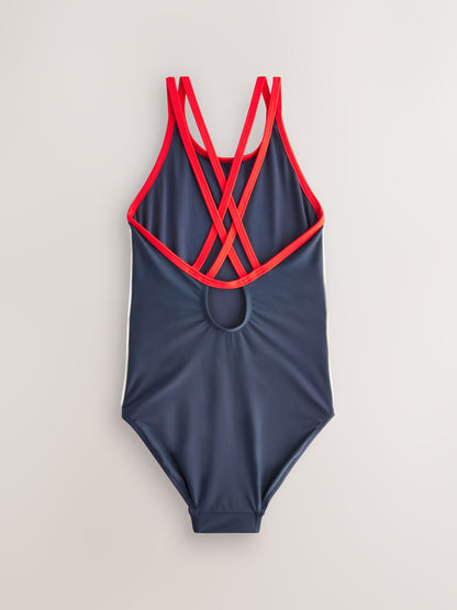 Navy Slogan Double Strap Swimsuit (3-16yrs) image 6
