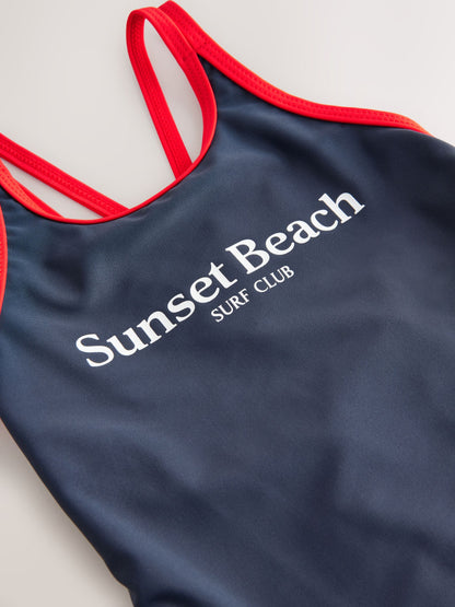 Navy Slogan Double Strap Swimsuit (3-16yrs) image 7