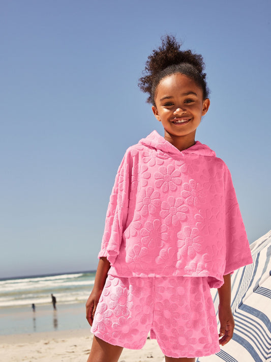 Pink Flower Towelling Beach Co-Ord Hoodie And Shorts Set (3-16yrs)