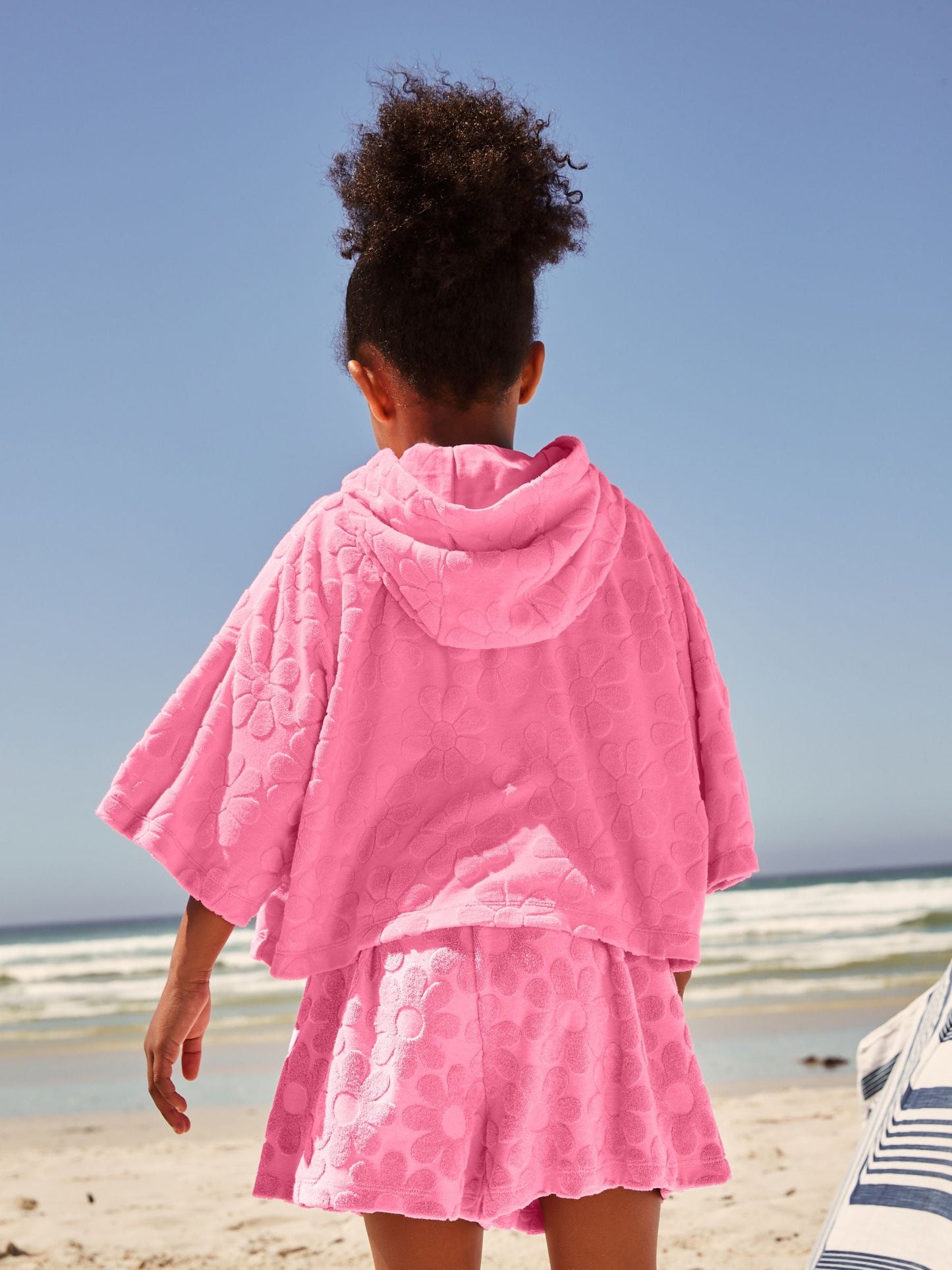 Pink Flower Towelling Beach Co-Ord Hoodie And Shorts Set (3-16yrs)