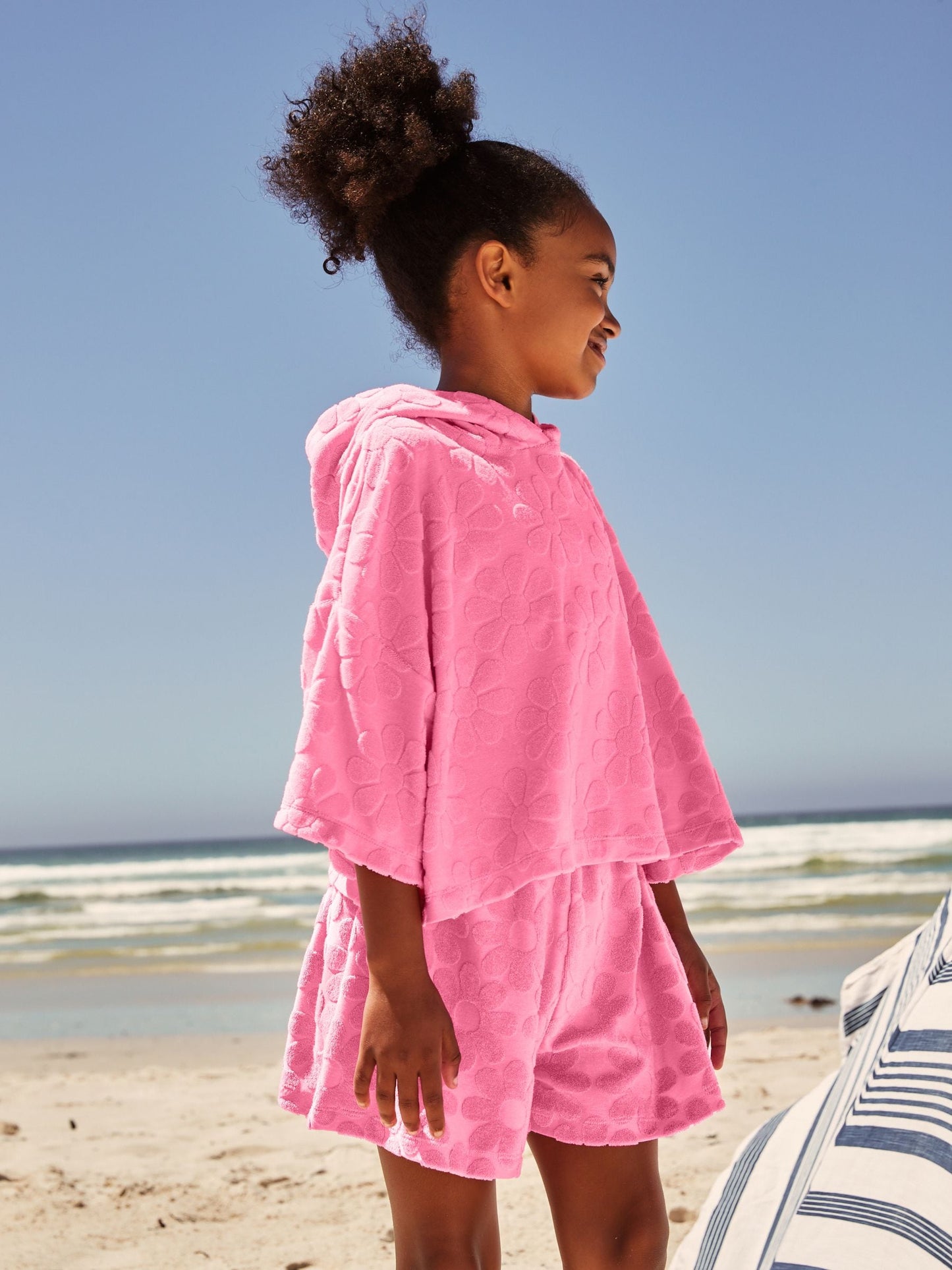 Pink Flower Towelling Beach Co-Ord Hoodie And Shorts Set (3-16yrs)