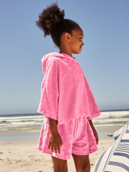 Pink Flower Towelling Beach Co-Ord Hoodie And Shorts Set (3-16yrs)