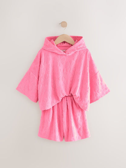 Pink Flower Towelling Beach Co-Ord Hoodie And Shorts Set (3-16yrs)