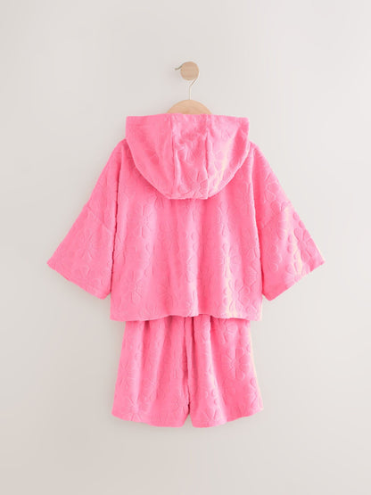 Pink Flower Towelling Beach Co-Ord Hoodie And Shorts Set (3-16yrs)