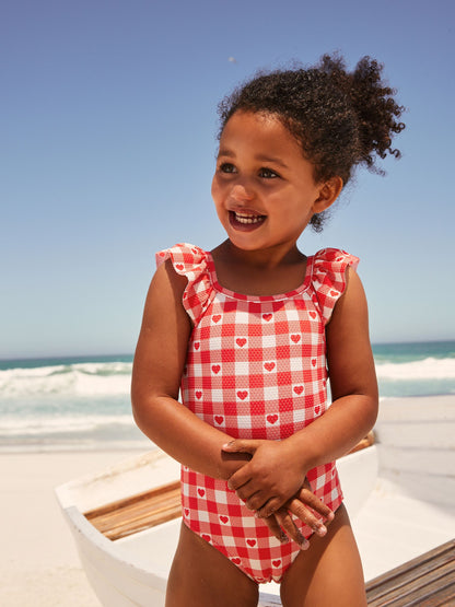 Red Gingham Heart Frill Shoulder Swimsuit (3mths-7yrs) image 1
