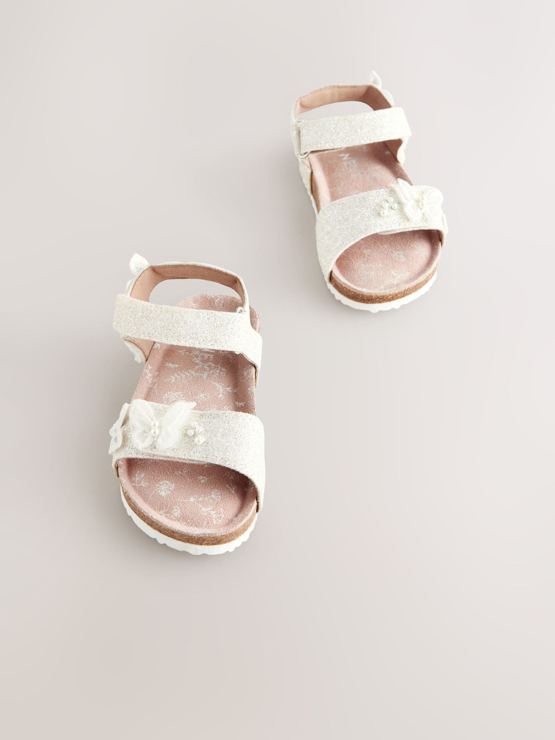 White Glitter Occasion Butterfly Standard Fit (F) Touch Fastening Corkbed Sandals image 1