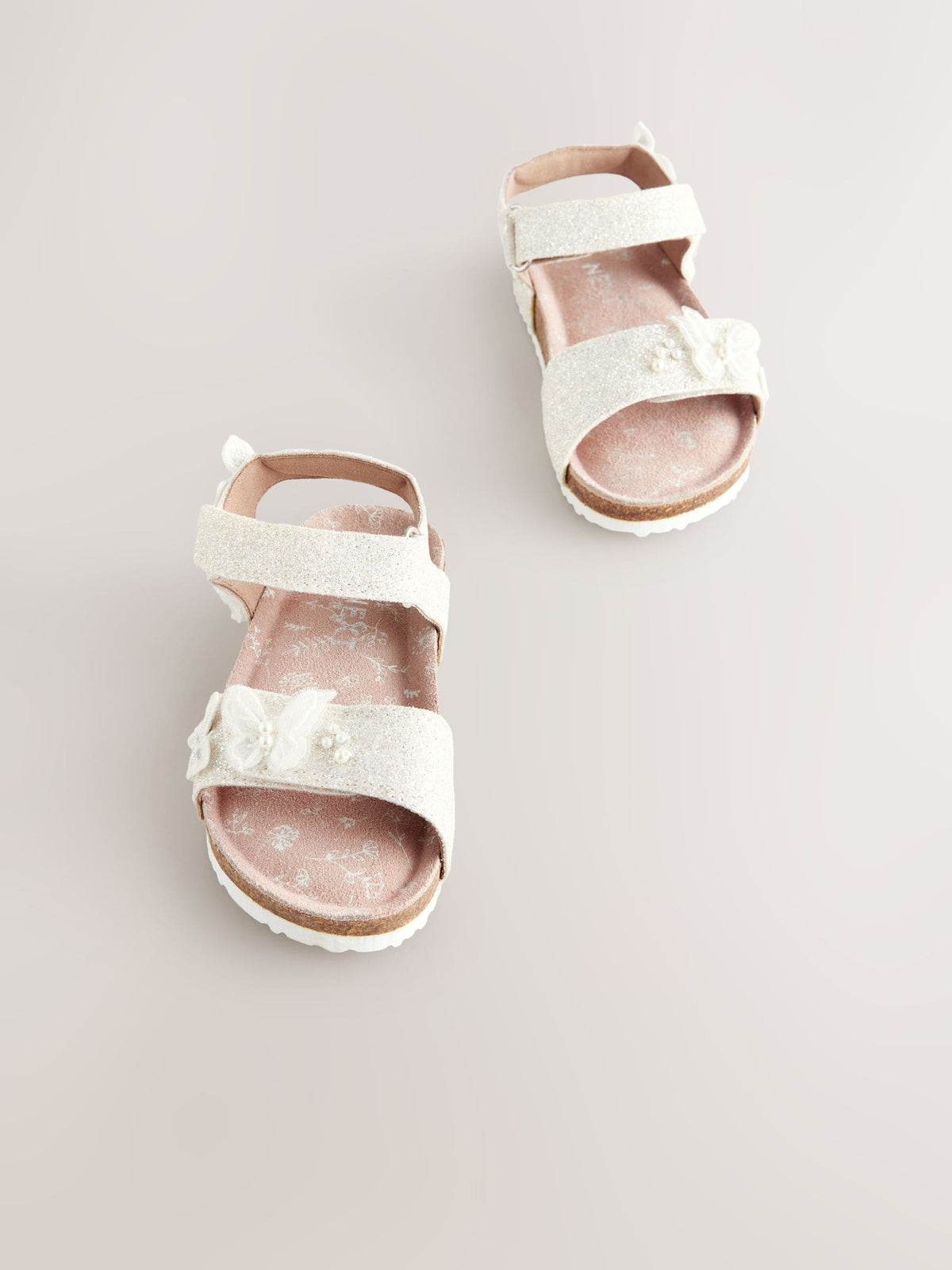 White Glitter Occasion Butterfly Standard Fit (F) Touch Fastening Corkbed Sandals image 1