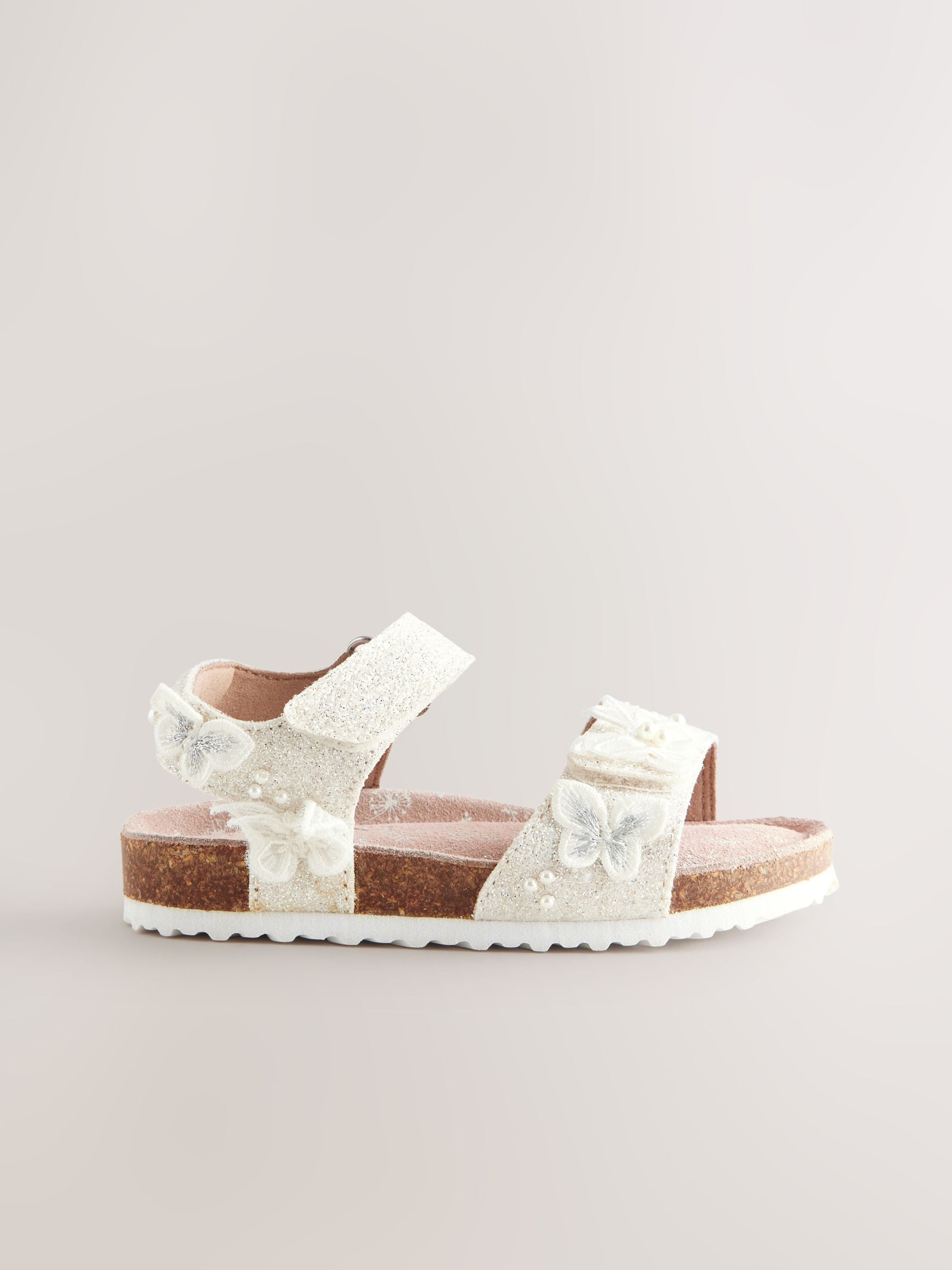 White Glitter Occasion Butterfly Standard Fit (F) Touch Fastening Corkbed Sandals image 2