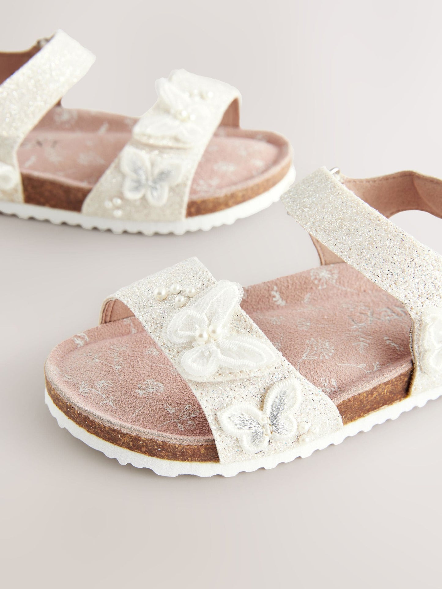 White Glitter Occasion Butterfly Standard Fit (F) Touch Fastening Corkbed Sandals image 3