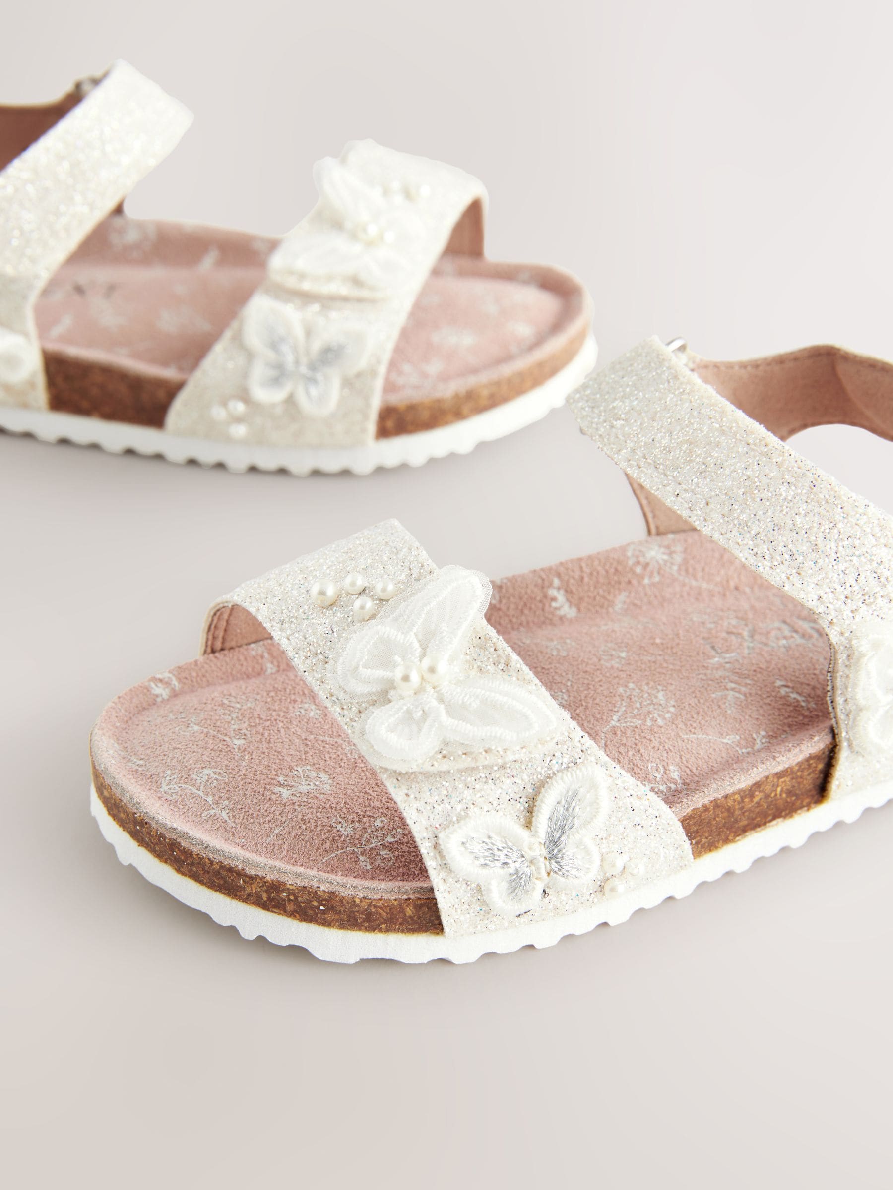 White Glitter Occasion Butterfly Standard Fit (F) Touch Fastening Corkbed Sandals image 3
