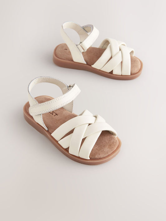 White Standard Fit (F) Leather Woven Sandals With Touch Fastening image 1