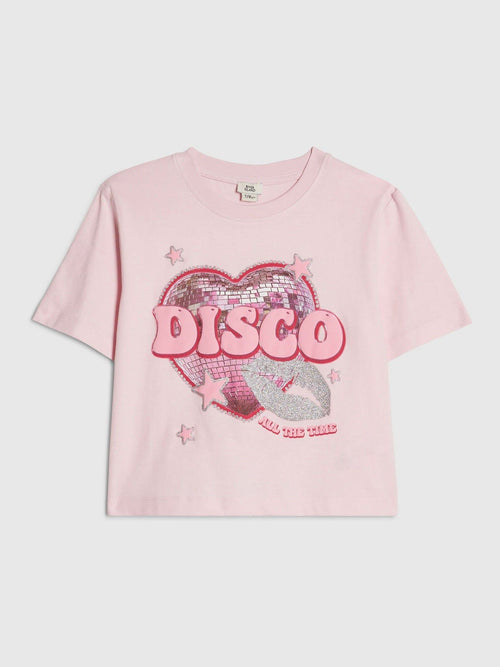 Dsiney Kidz - River Island Pink Disco All The Time Crop T-Shirt image 1