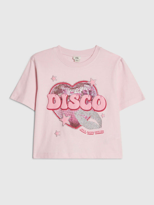 Dsiney Kidz - River Island Pink Disco All The Time Crop T-Shirt image 1