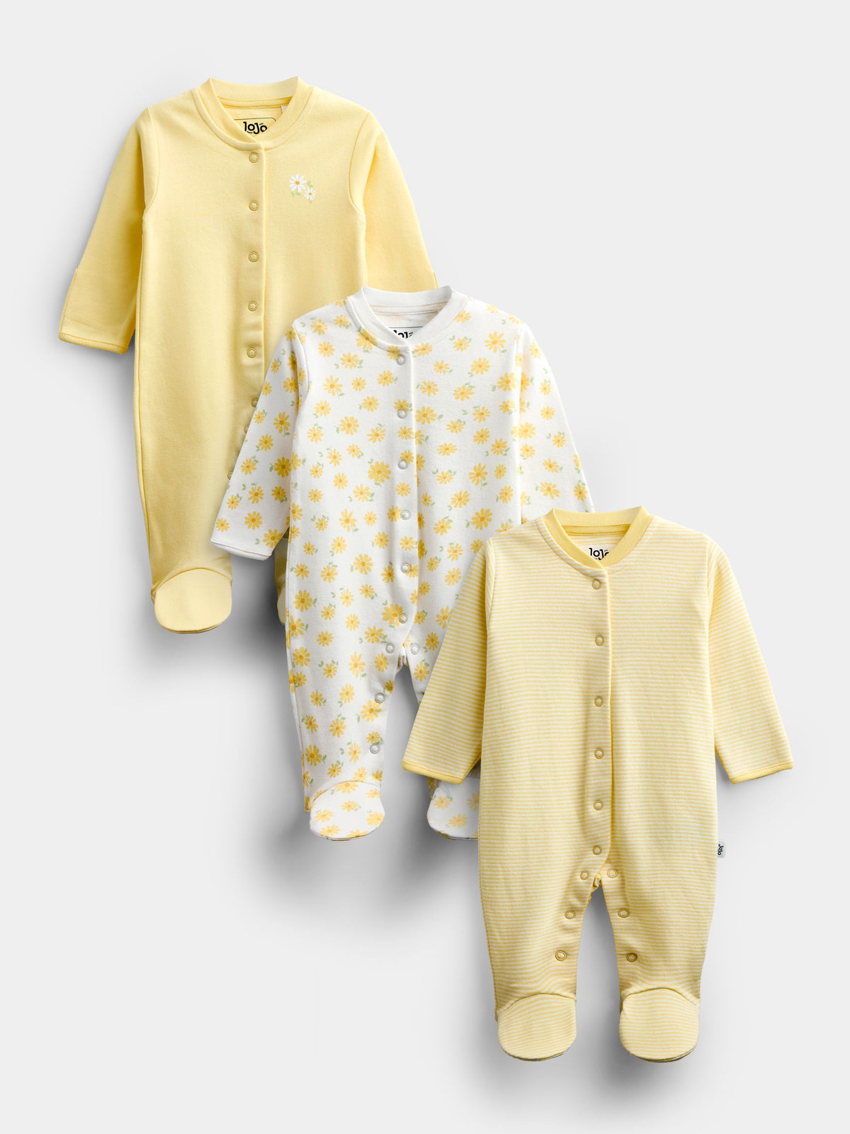 JoJo Maman Bébé Yellow Daisy 3-Pack Footed Sleepsuits - image 1