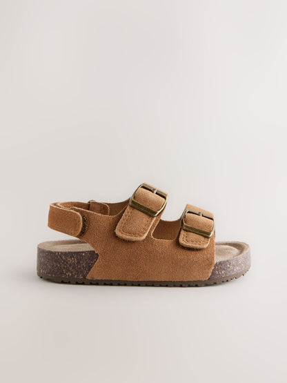 Tan Brown Wide Fit (G) Suede Leather Double Buckle Cushioned Footbed Sandals image 2