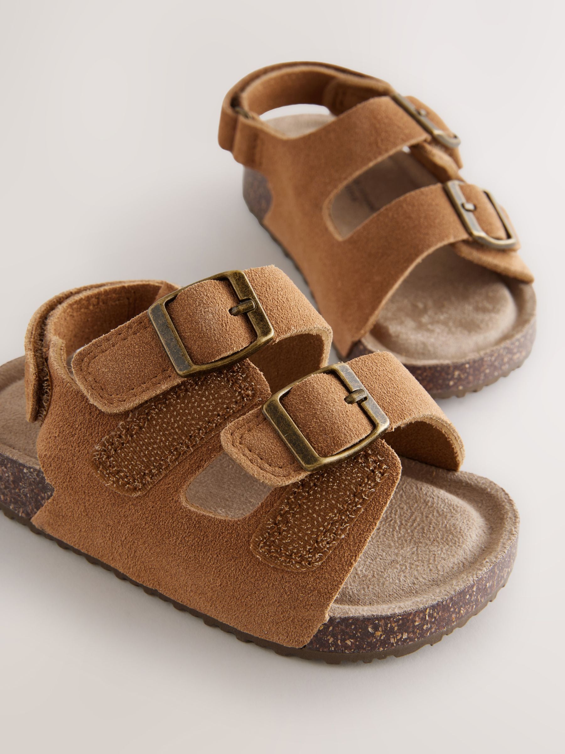 Tan Brown Wide Fit (G) Suede Leather Double Buckle Cushioned Footbed Sandals image 3