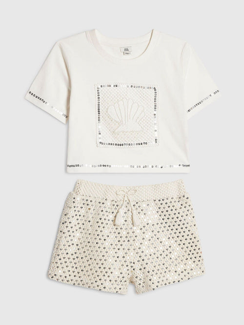 Dsiney Kidz - River Island White Shell T-Shirt & Crochet Shorts Set image 1