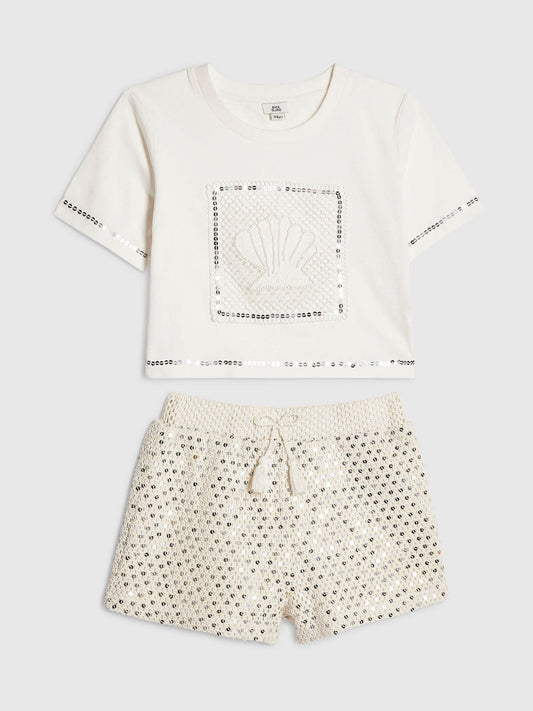 Dsiney Kidz - River Island White Shell T-Shirt & Crochet Shorts Set image 1