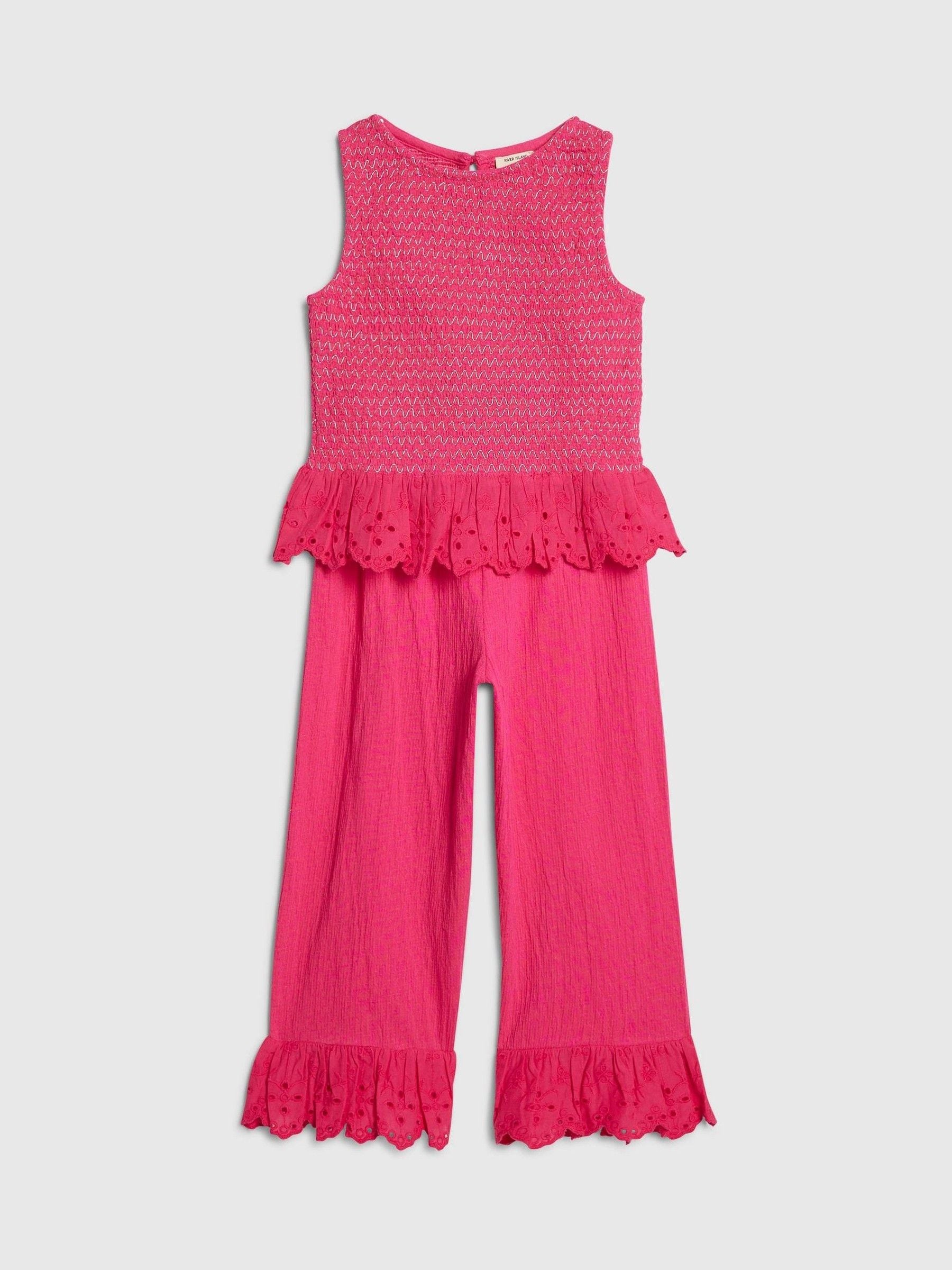 River Island Pink Shirred Frill Top & Trousers Set image 3