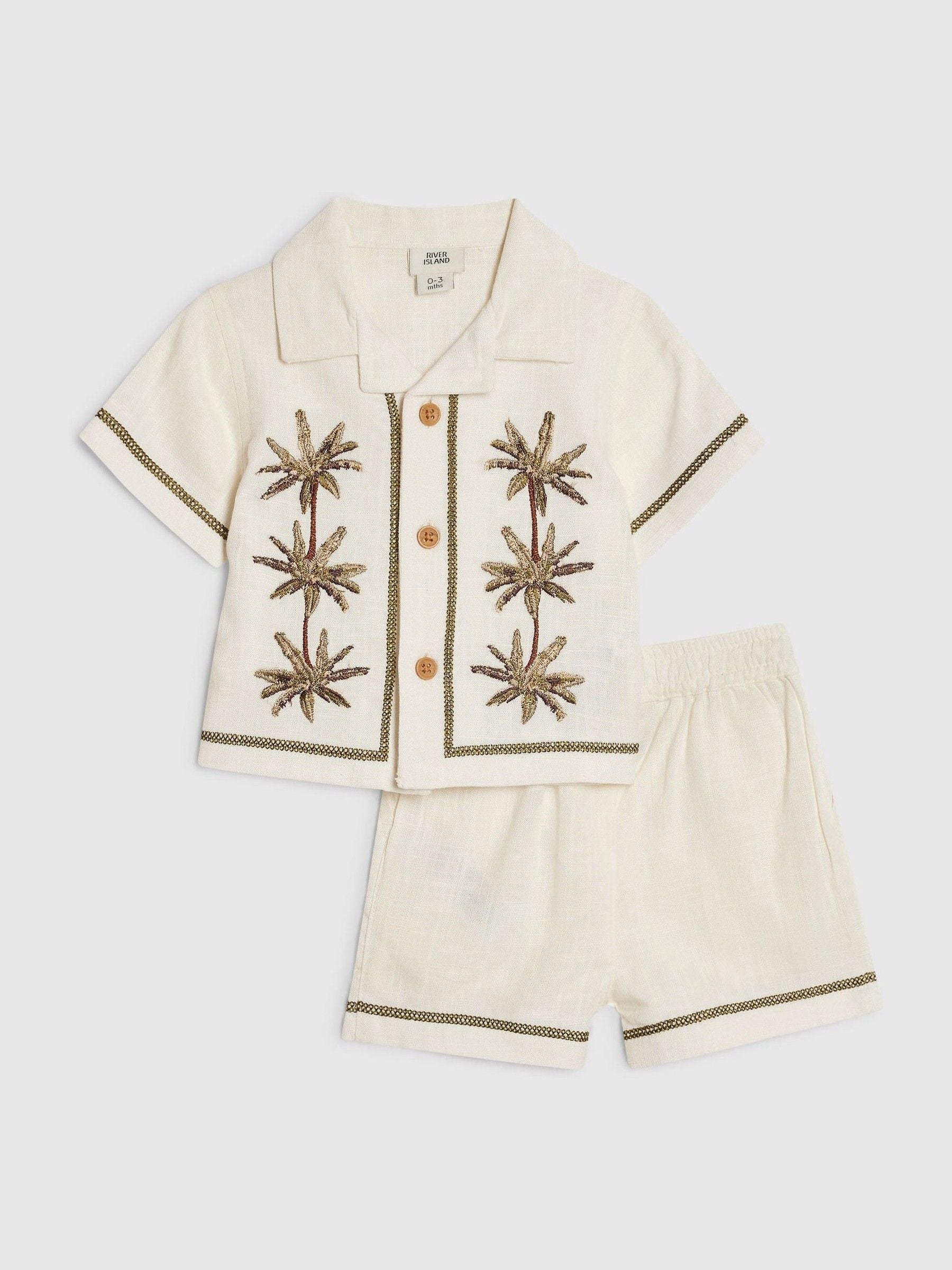 River Island Cream Palm Resort Shirt & Short Set image 1