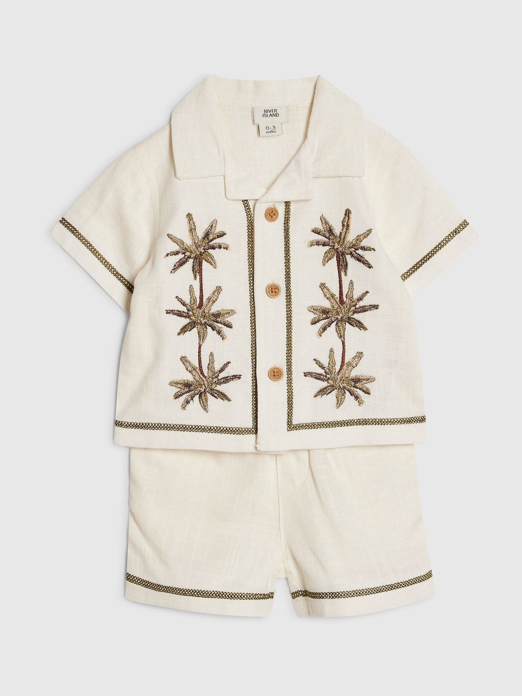 River Island Cream Palm Resort Shirt & Short Set image 3