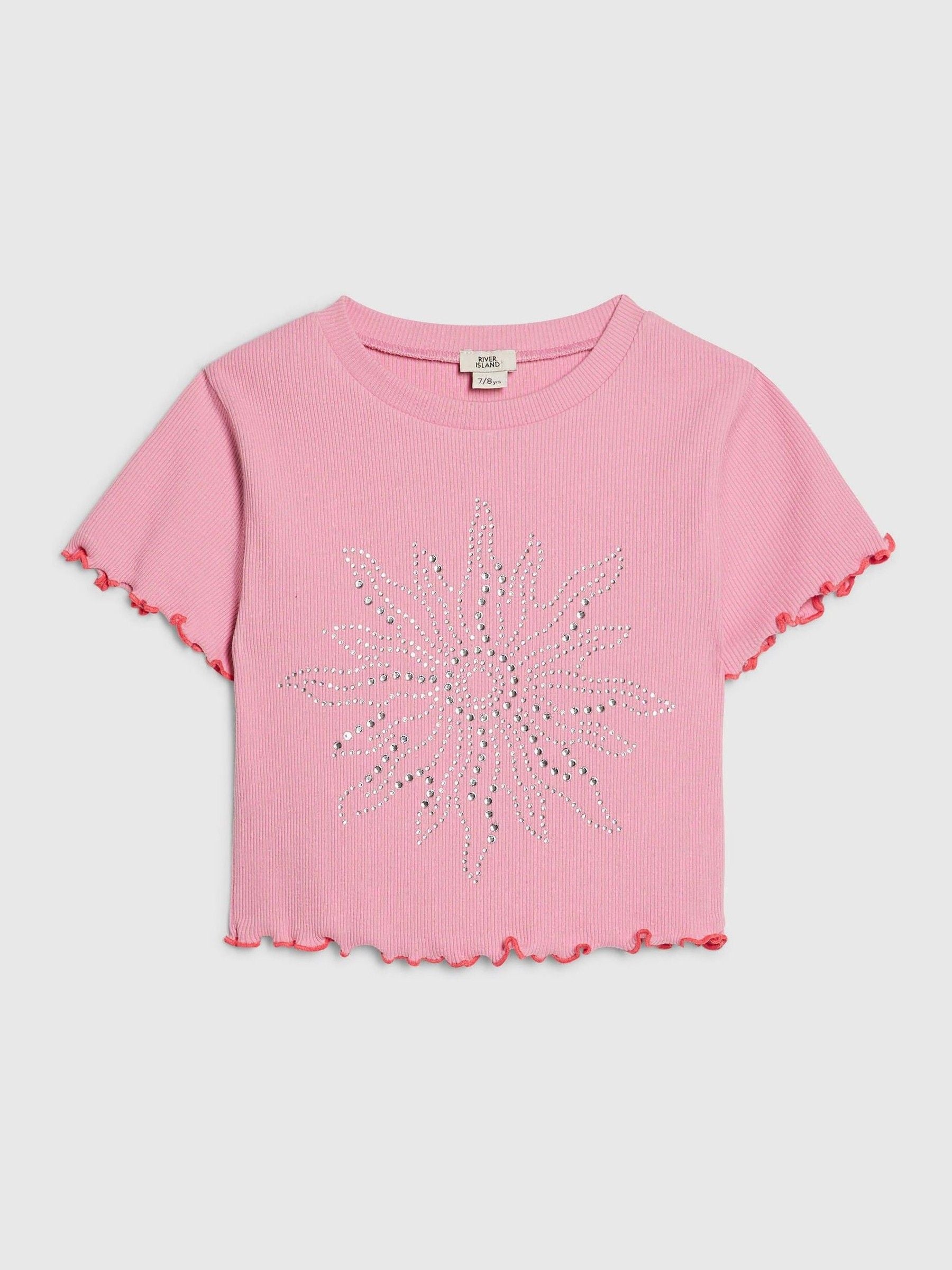 Dsiney Kidz - River Island Pink Hotfix Flower Lettuce T-Shirt image 1