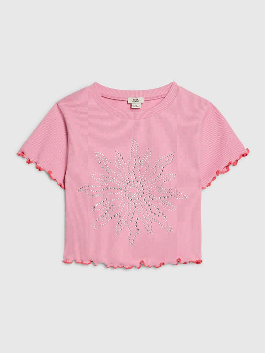 Dsiney Kidz - River Island Pink Hotfix Flower Lettuce T-Shirt image 1