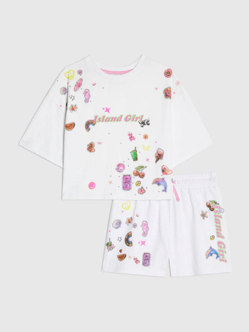 Dsiney Kidz - River Island White Island Girl Sticker T-Shirt & Short Set image 1