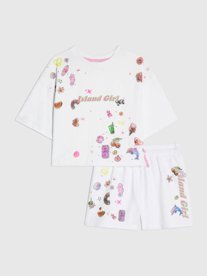 Dsiney Kidz - River Island White Island Girl Sticker T-Shirt & Short Set image 1
