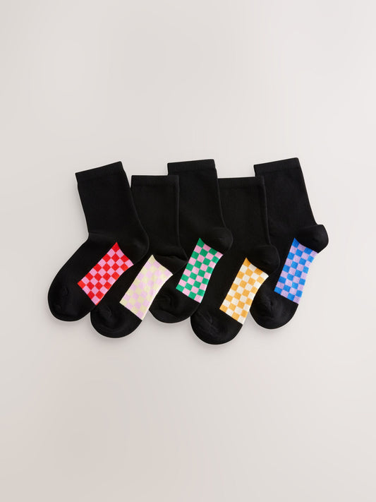 Black Checkerboard 5 Pack Cotton Rich Footbed Ankle School Socks image 1
