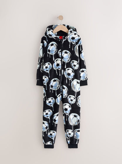 Black/White Football All-In-One Fleece Pyjamas (3-16yrs)