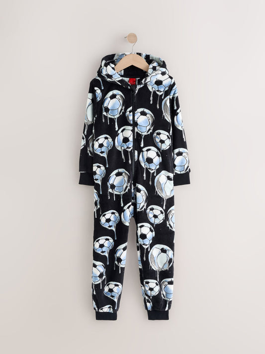 Black/White Football All-In-One Fleece Pyjamas (3-16yrs)