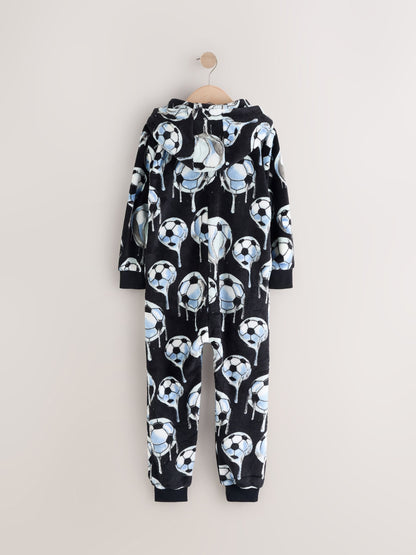 Black/White Football All-In-One Fleece Pyjamas (3-16yrs)