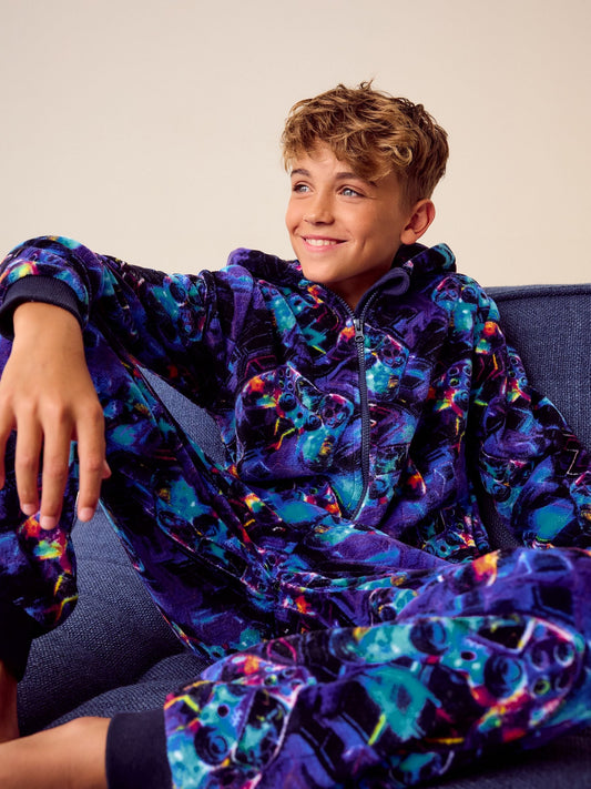 Blue Gamer All-In-One Fleece Pyjamas (3-16yrs) image 1