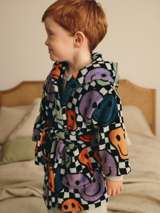 Multi Checkerboard Happy Face Fleece Robe (9mths-10yrs)