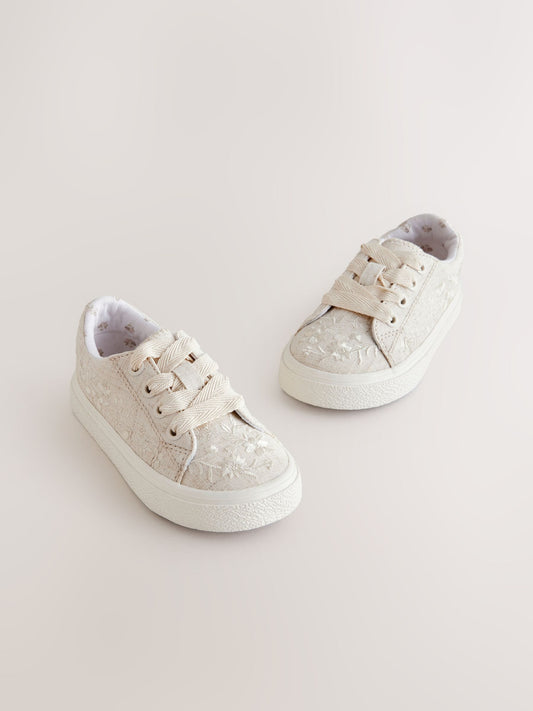 Neutral Embroidered Lace-Up Trainers image 1