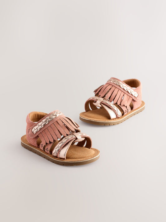 Tan Brown Suede Fringe Sandals image 1