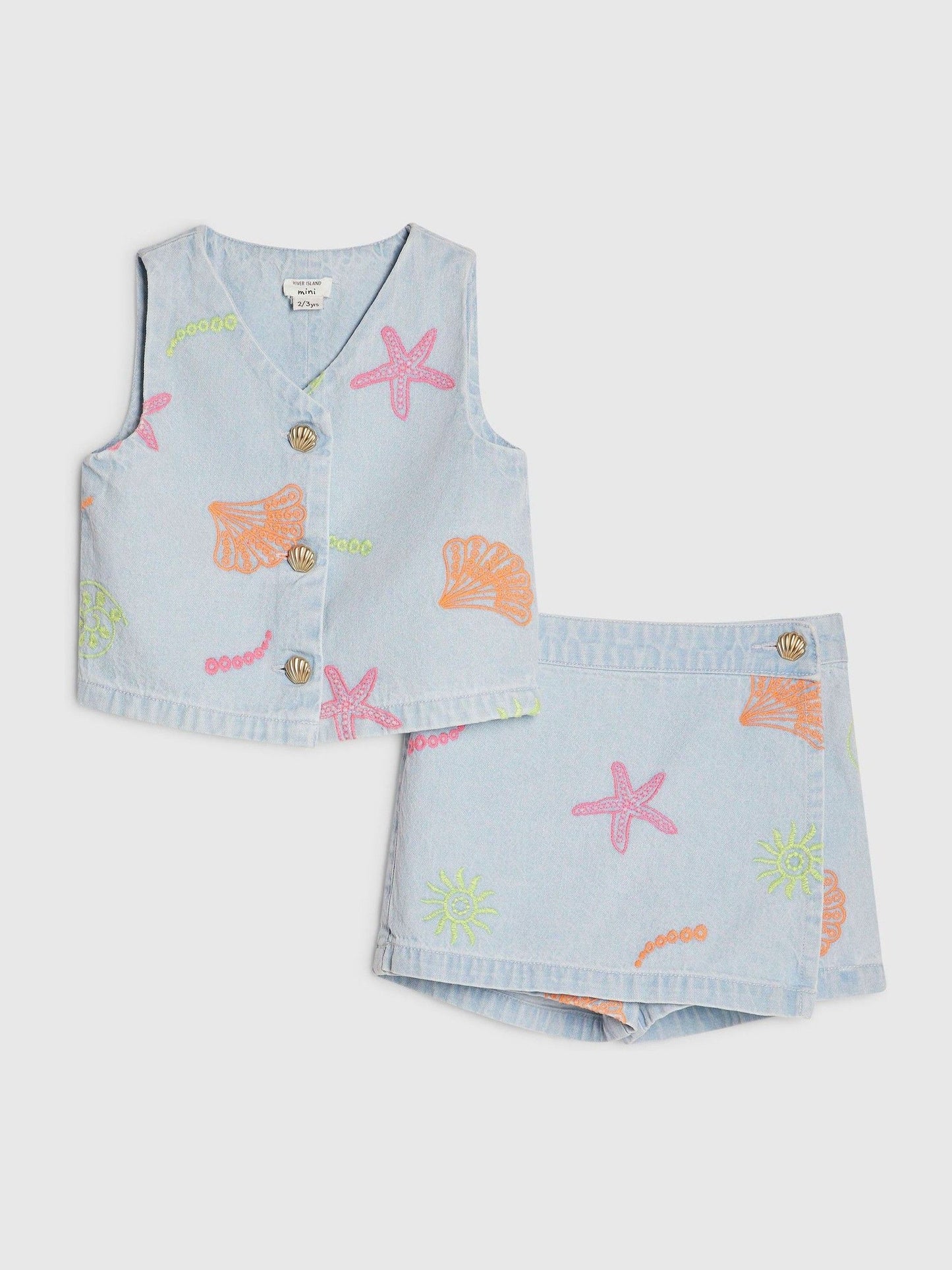 Dsiney Kidz - River Island Blue Seashell Denim Waistcoat & Skort Set image 1