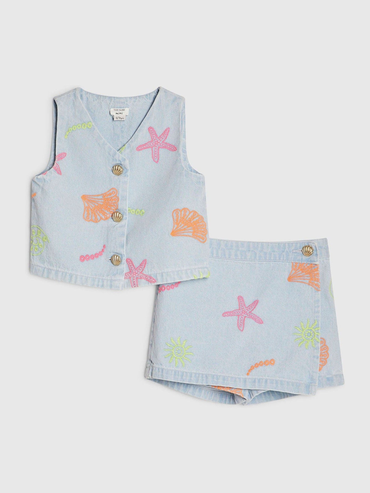 Dsiney Kidz - River Island Blue Seashell Denim Waistcoat & Skort Set image 1