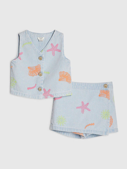 Dsiney Kidz - River Island Blue Seashell Denim Waistcoat & Skort Set image 1
