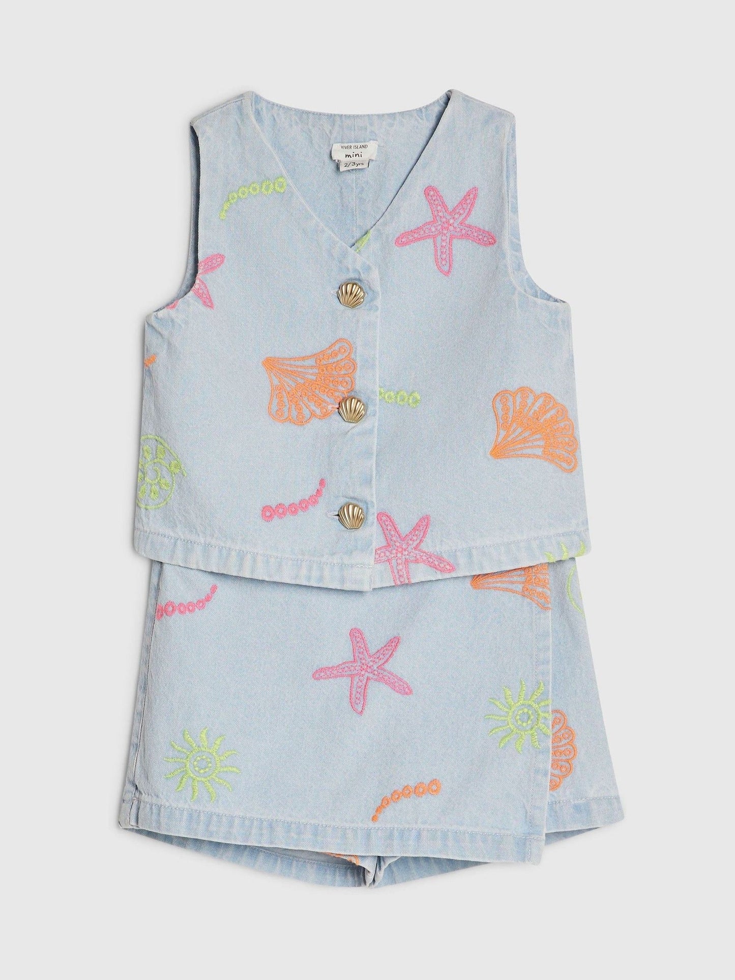 Dsiney Kidz - River Island Blue Seashell Denim Waistcoat & Skort Set image 3