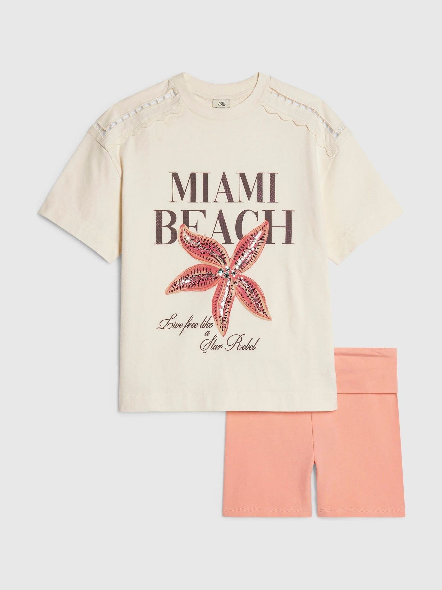 Dsiney Kidz - River Island White Miami Beach T-Shirt & Cycle Short Set image 1